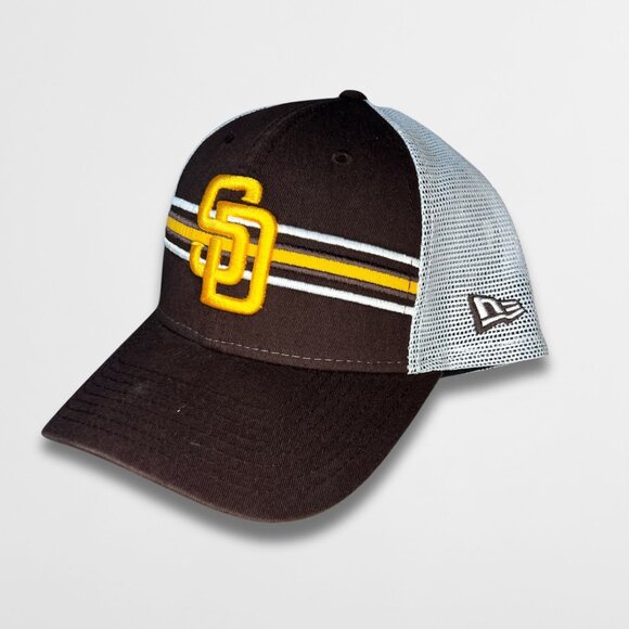 San Diego Padres New Era Stripe Trucker 9Forty Snapback Hat Brown/Yellow - Picture 3 of 7